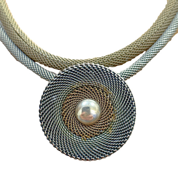 Jan Michael Signed Choker Rope Mesh Pendant Necklace Bronze & Silver Tubular - Picture 1 of 6